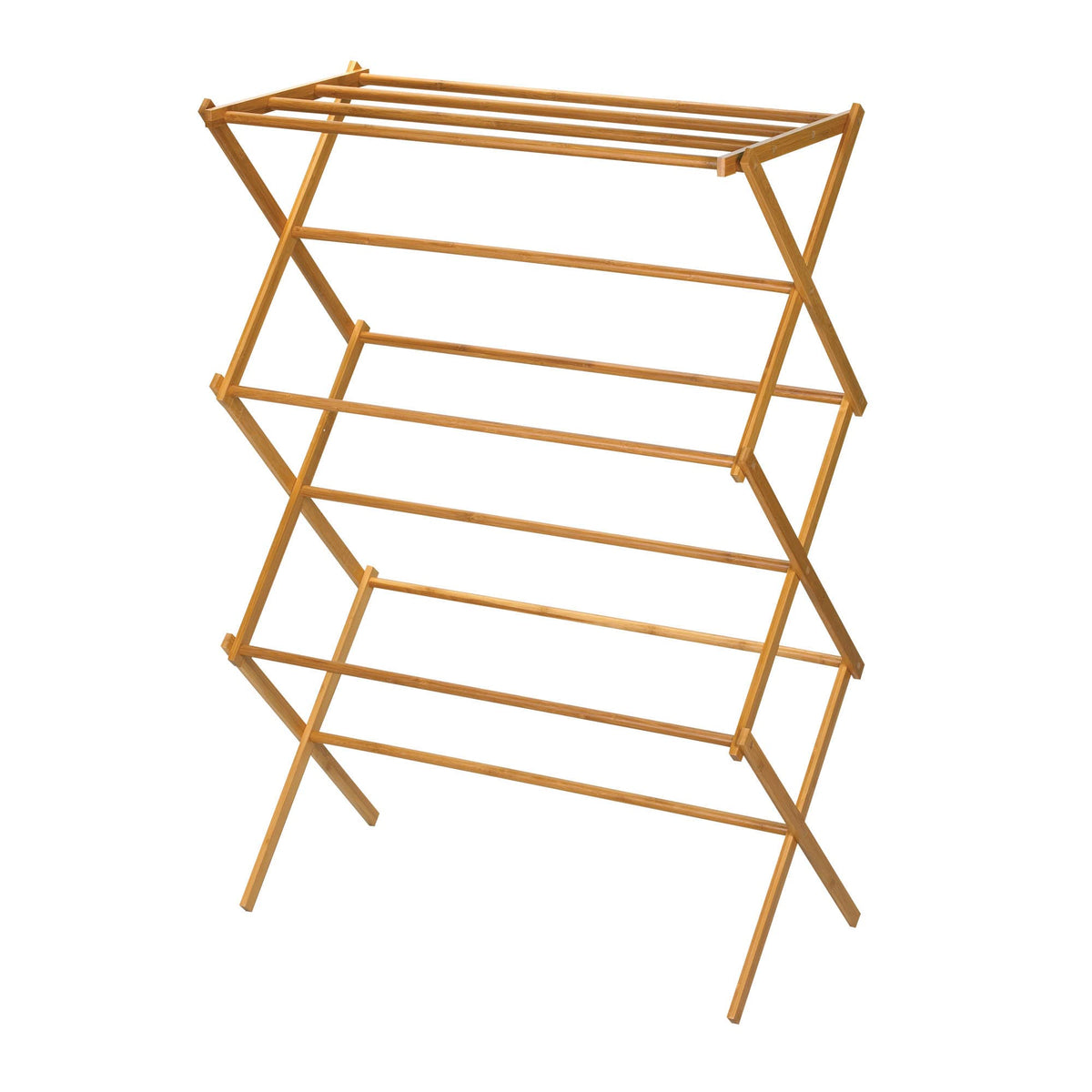 Household Essentials bamboo folding rack, fully assembled for easy setup and ready drying.
