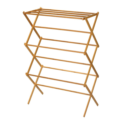 Household Essentials bamboo folding rack, fully assembled for easy setup and ready drying.