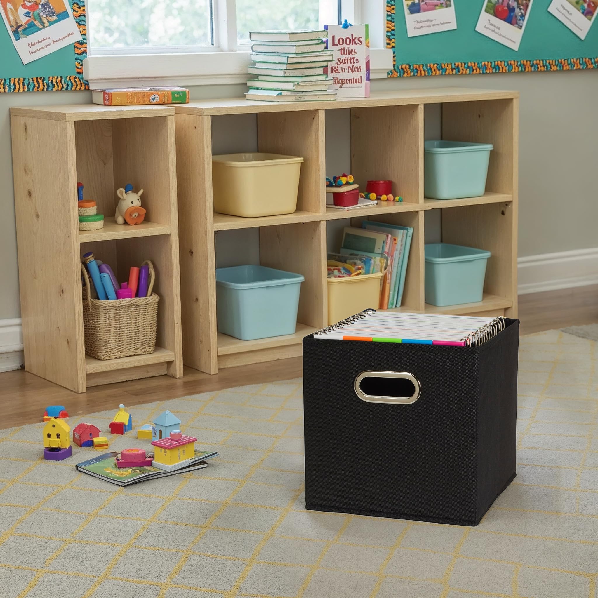 Bin on a shelf with open front shows quick access to contents.
