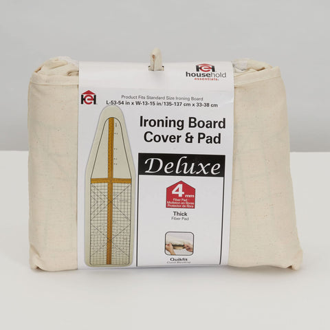 Full-size fit covers standard ironing boards 13–15 by 53–54 inches for Household Essentials Deluxe set.