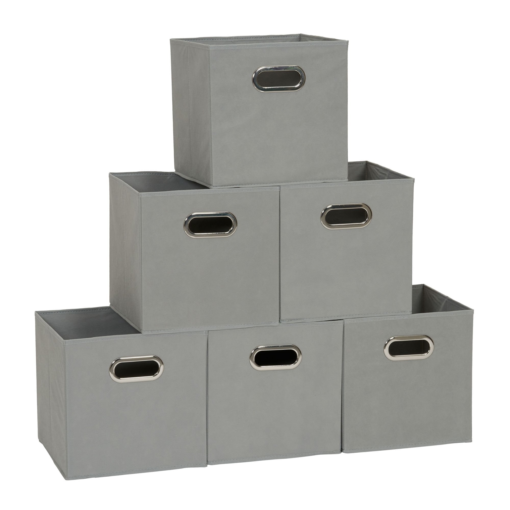 Household Essentials fabric storage bin with front grommet handle for easy shelf access.