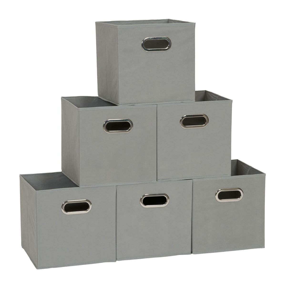 Household Essentials fabric storage bin with front grommet handle for easy shelf access.