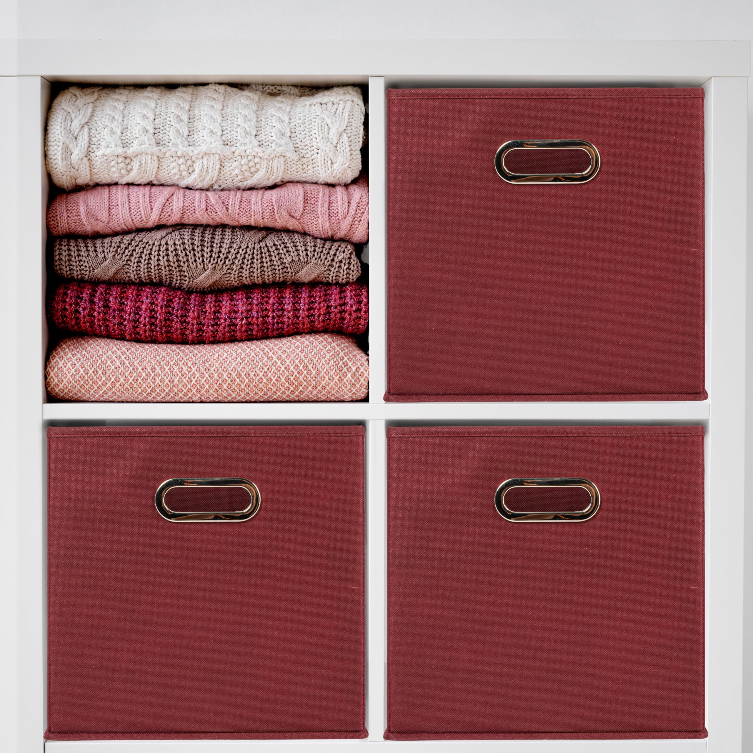 Household Essentials burgundy fabric cubes in nursery or closet use case.