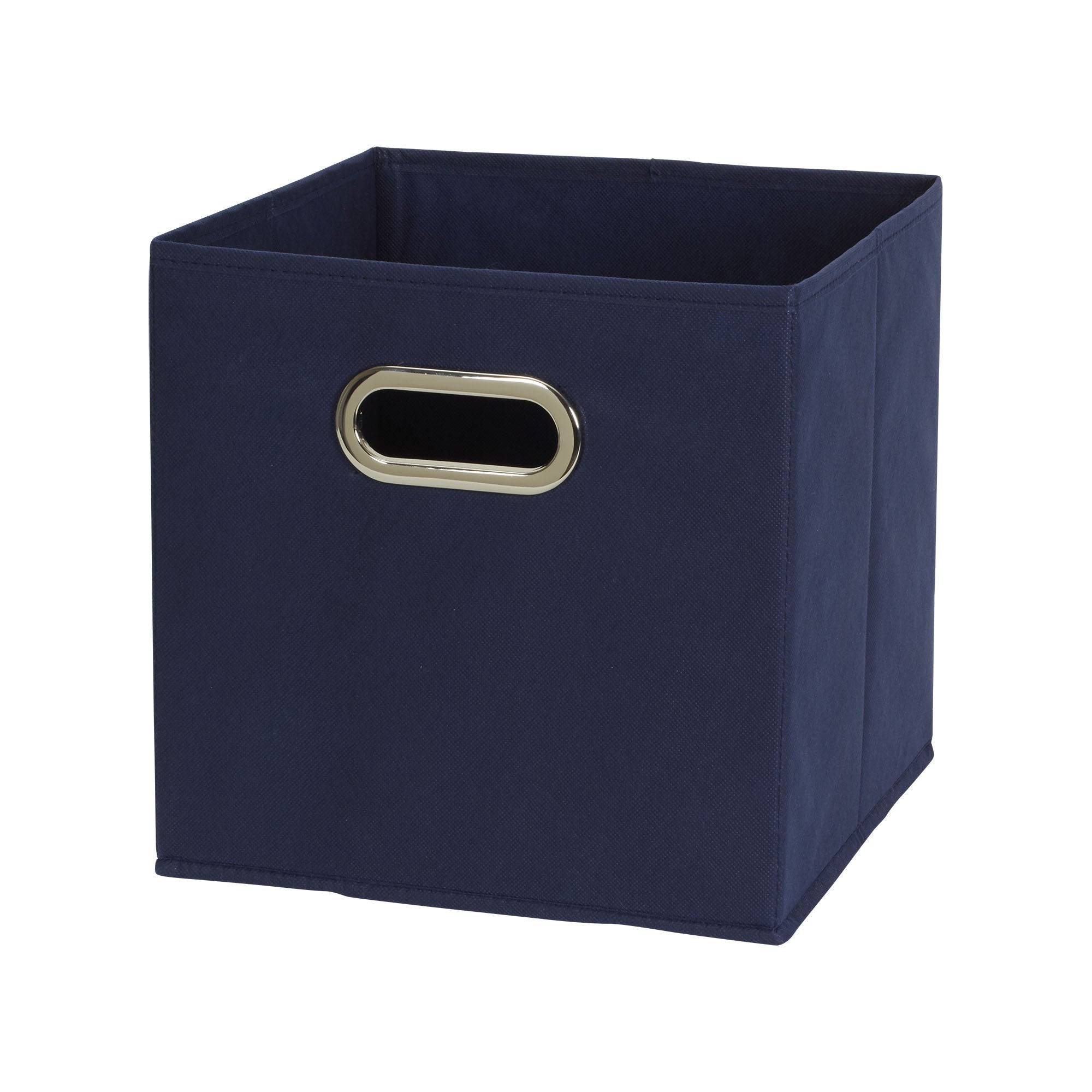 Household Essentials navy bin dimensions demonstrated on a cubby shelf.