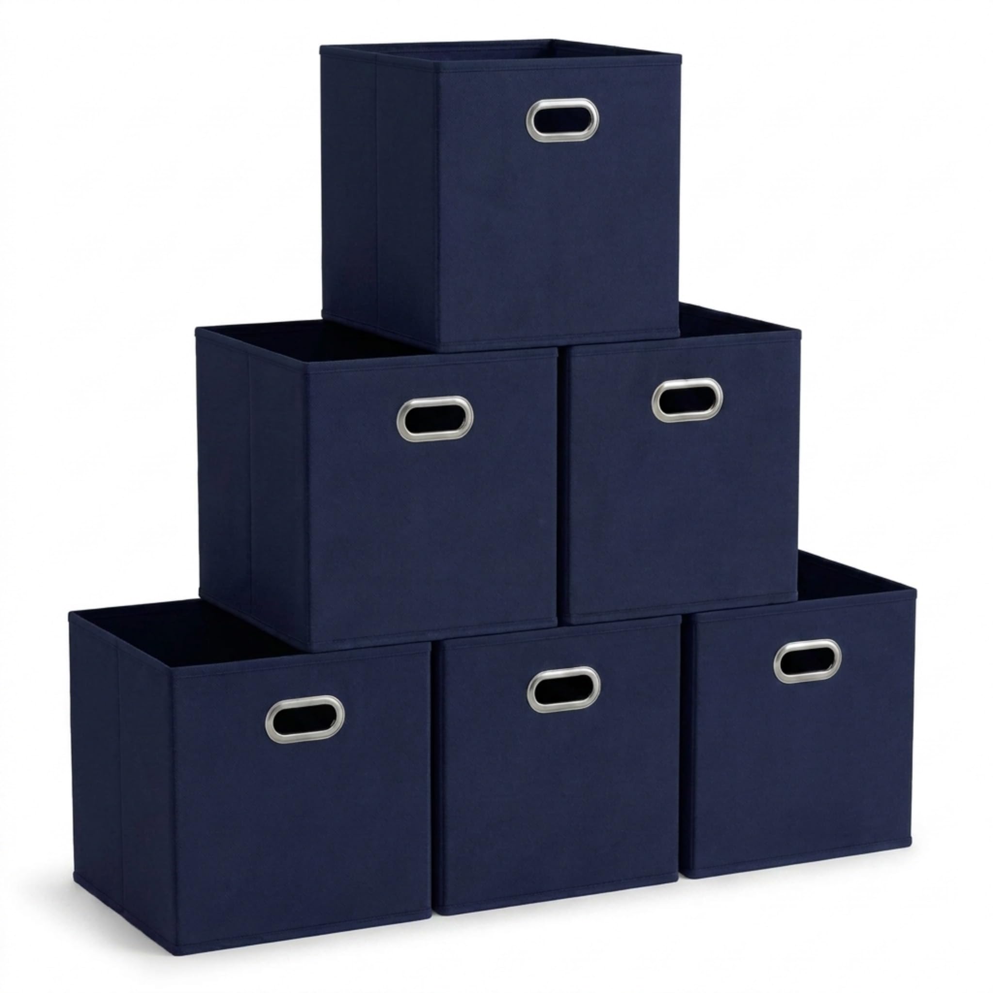 Household Essentials navy fabric bin with front grommet handle for easy closet organization.