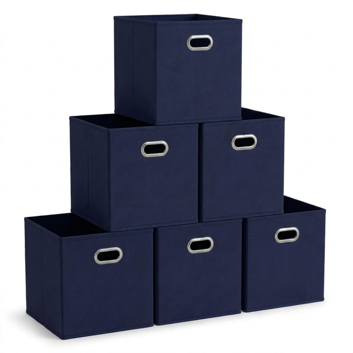 Household Essentials navy fabric bin with front grommet handle for easy closet organization.
