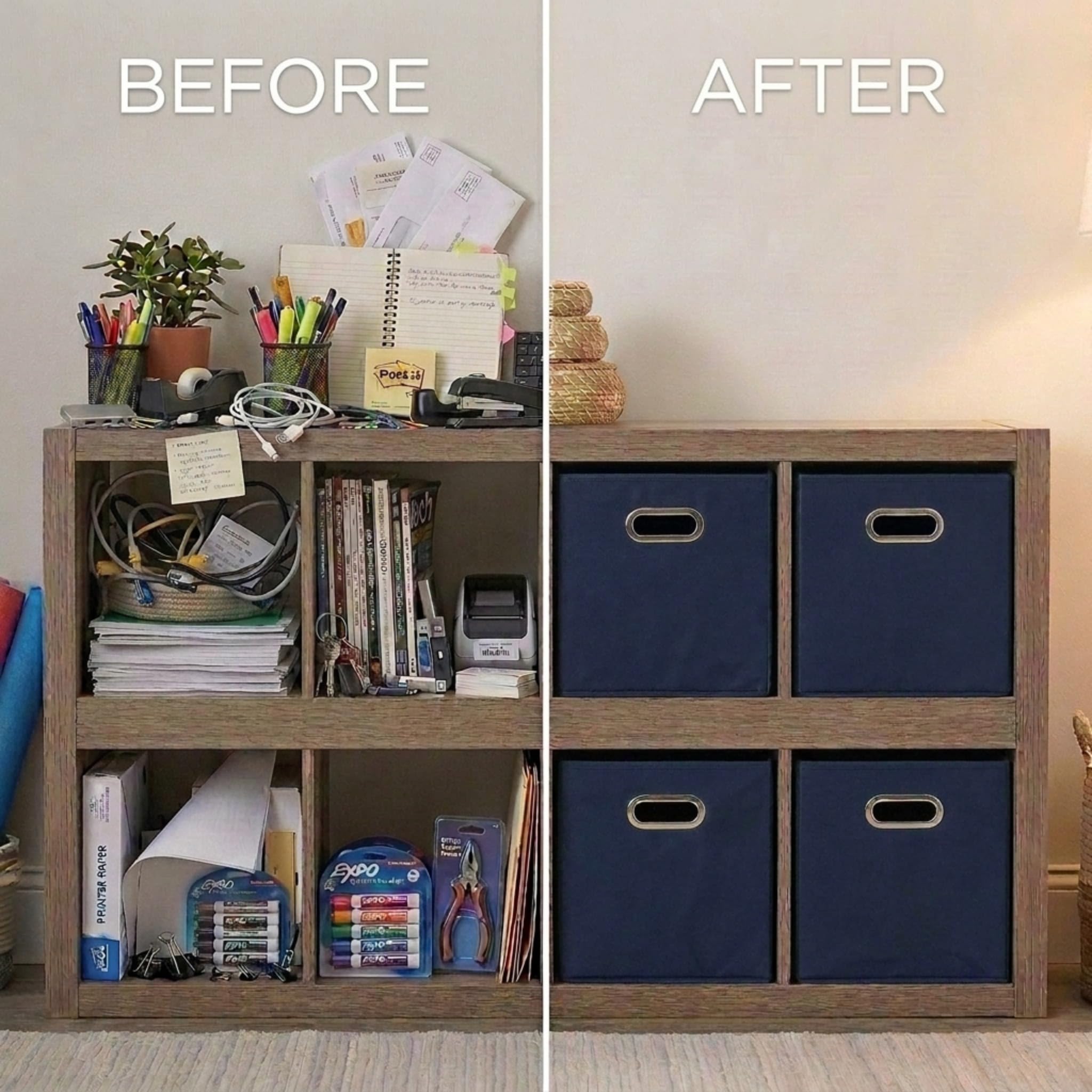 Household Essentials navy bin on a shelf with a pull-ready grommet handle.