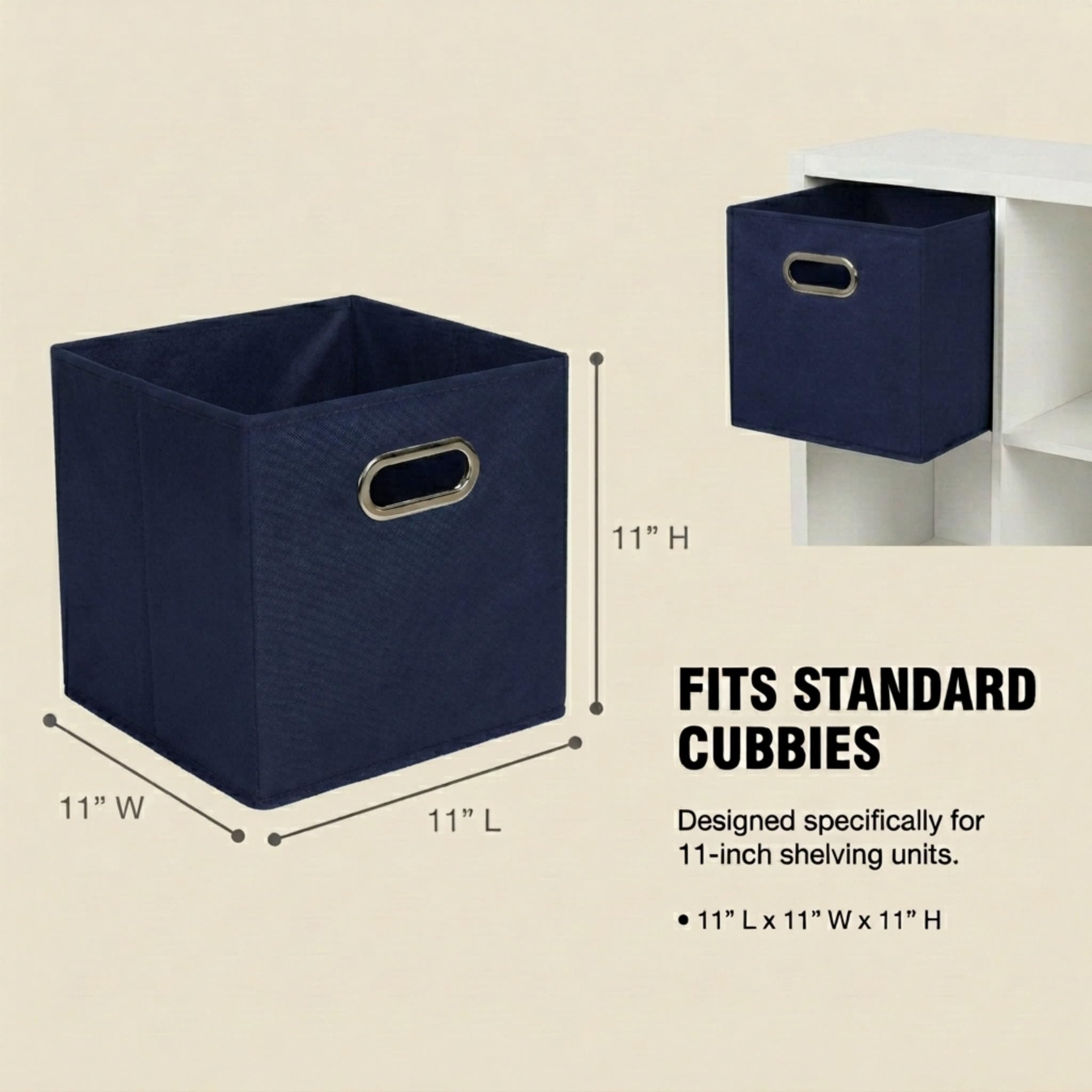 Household Essentials navy bin shows sturdy chipboard sides for durable storage.