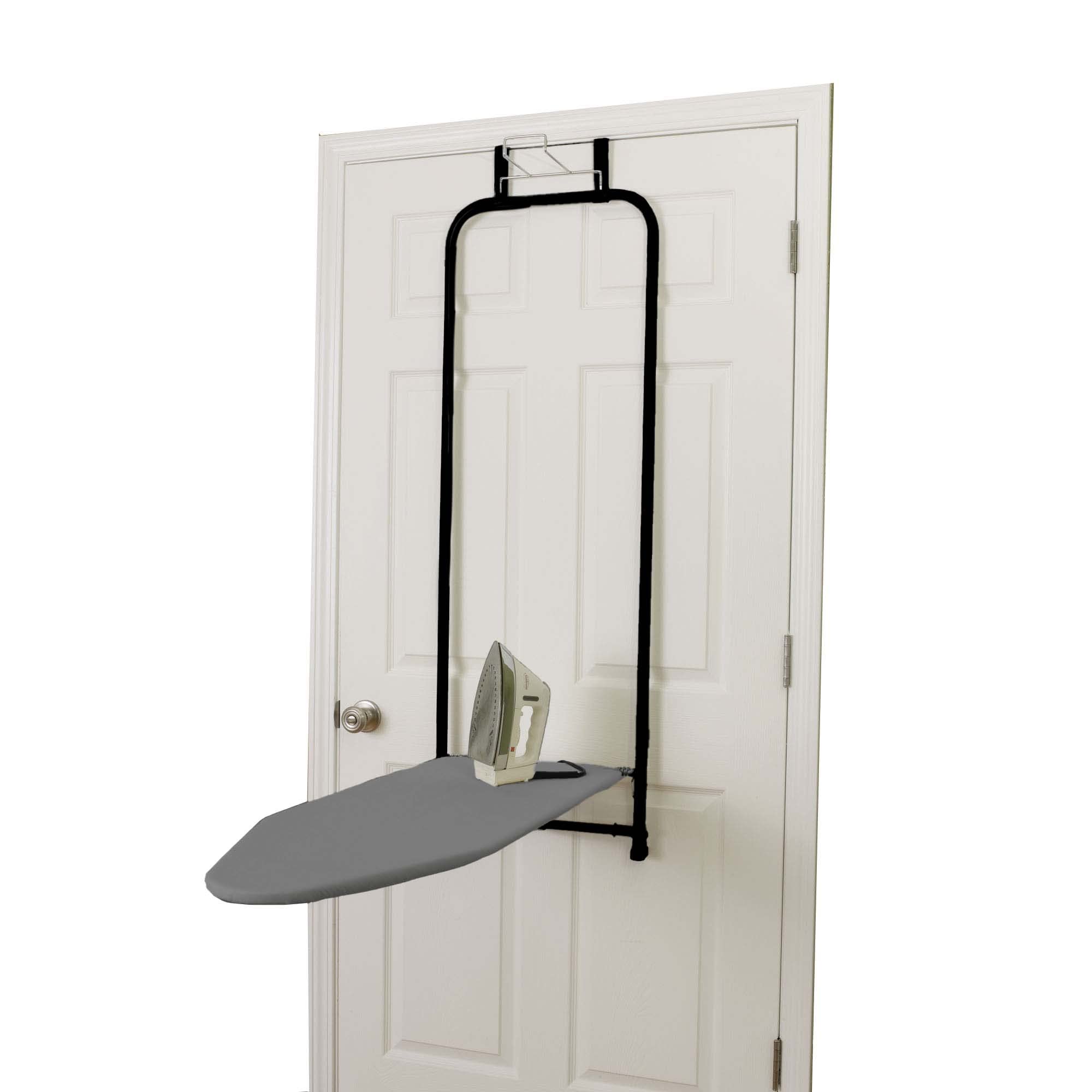 Household Essentials over-the-door ironing board with hooks enables space-saving setup.