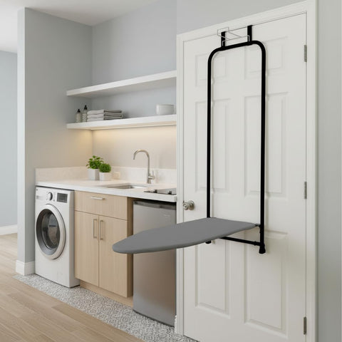 Household Essentials open ironing board extends into room for full-size pressing area.