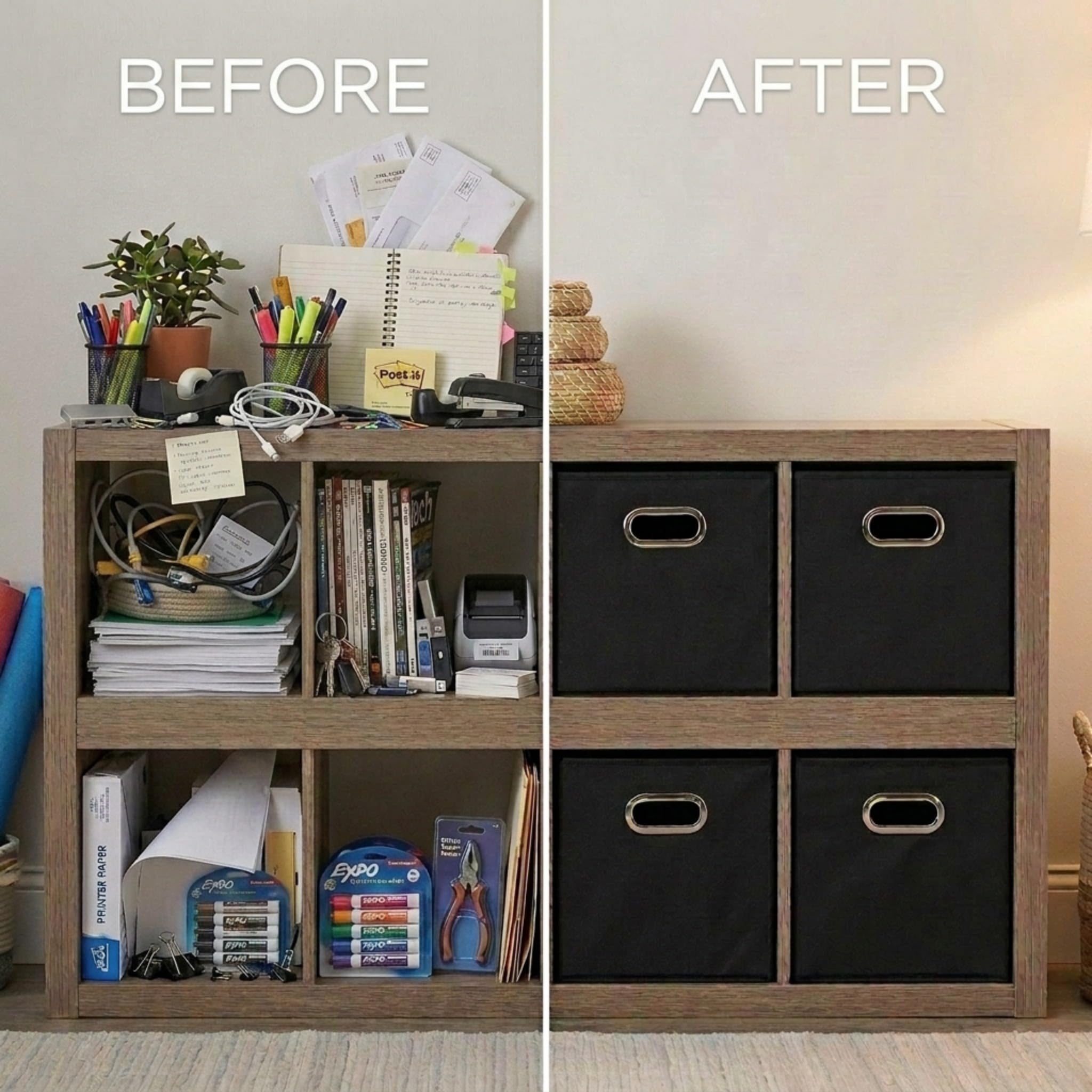 Stackable design from Household Essentials helps maximize space on crowded shelves.
