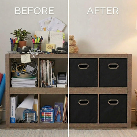 Stackable design from Household Essentials helps maximize space on crowded shelves.