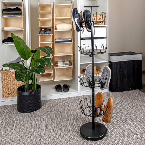 Durable steel center pole supports four adjustable tiers