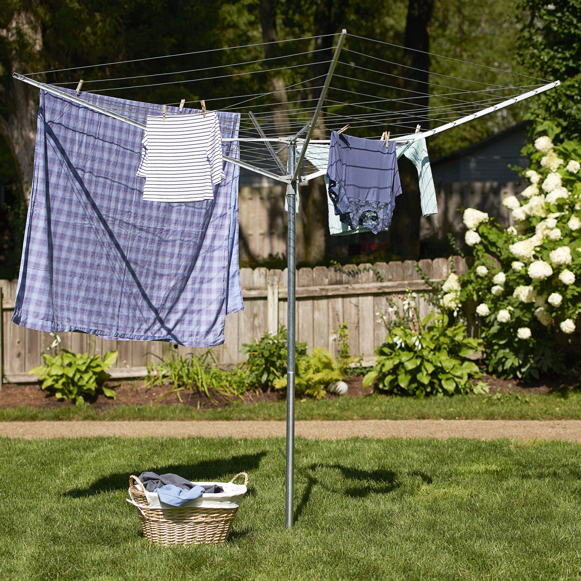 Household Essentials 12-line clothesline offers extensive drying space and easy access outdoors.