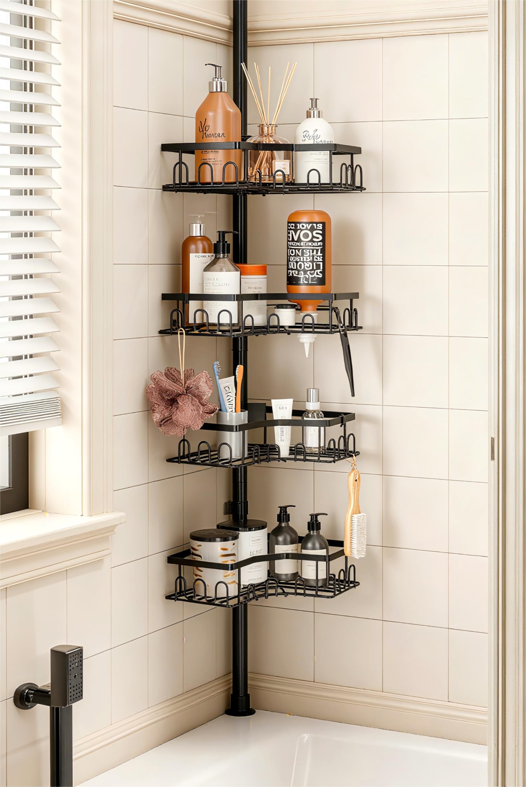 HouseUp corner shower caddy with tension pole offers four-tier bathroom storage.