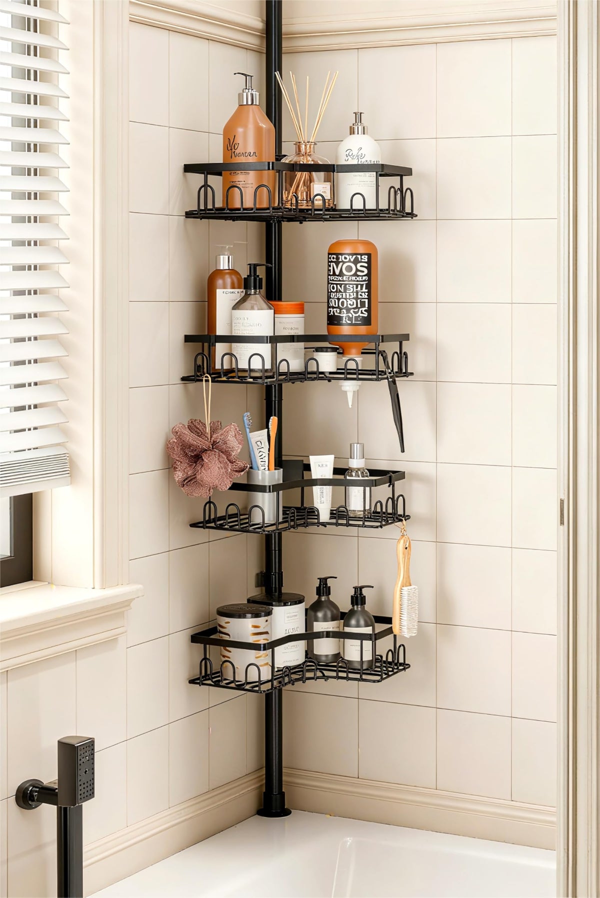 HouseUp corner shower caddy with tension pole offers four-tier bathroom storage.