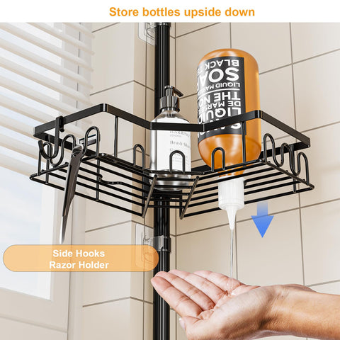 HouseUp includes hooks for razors, sponges, and towels for easy reach.