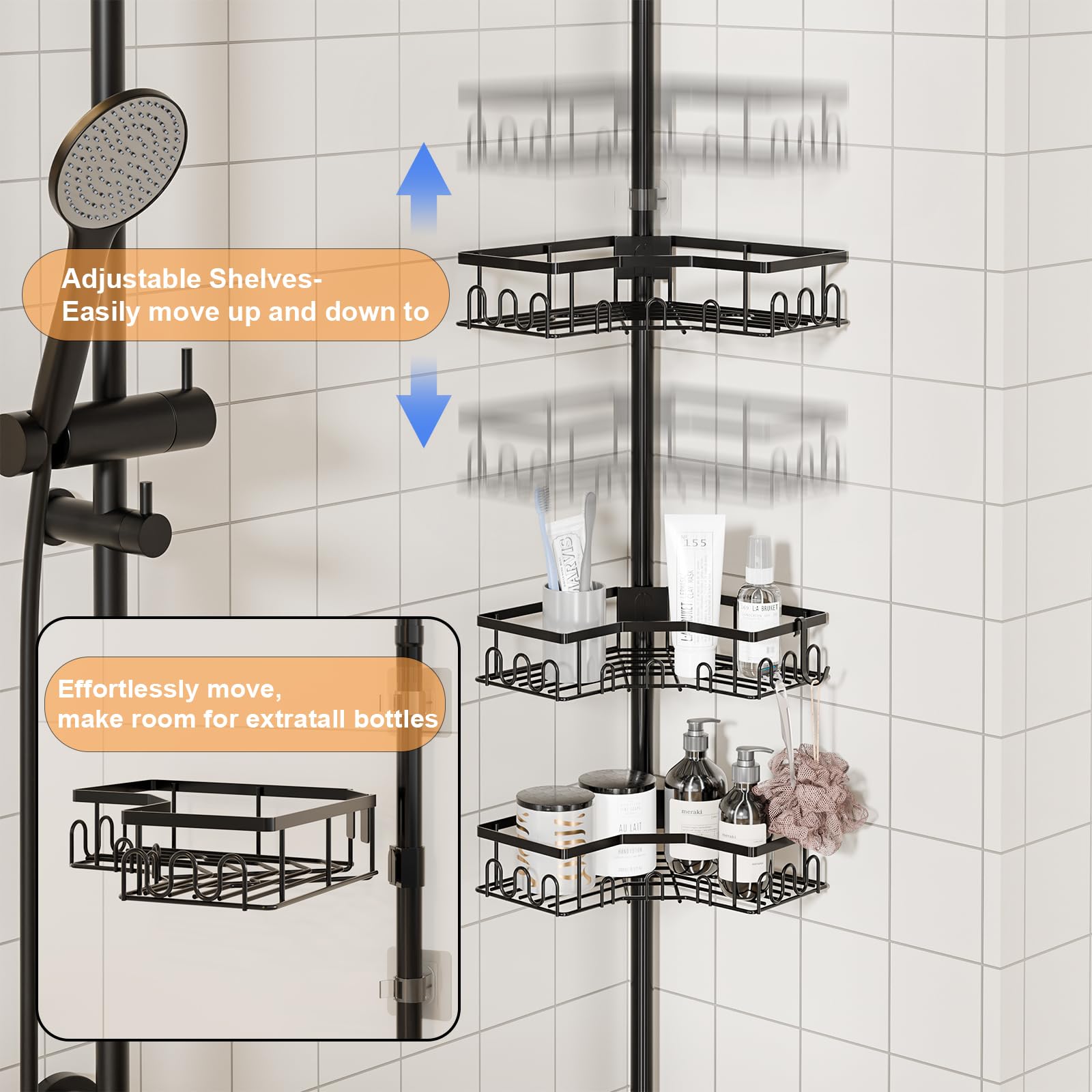 HouseUp sturdy 25mm tube shower caddy provides stable, wobble-free storage.