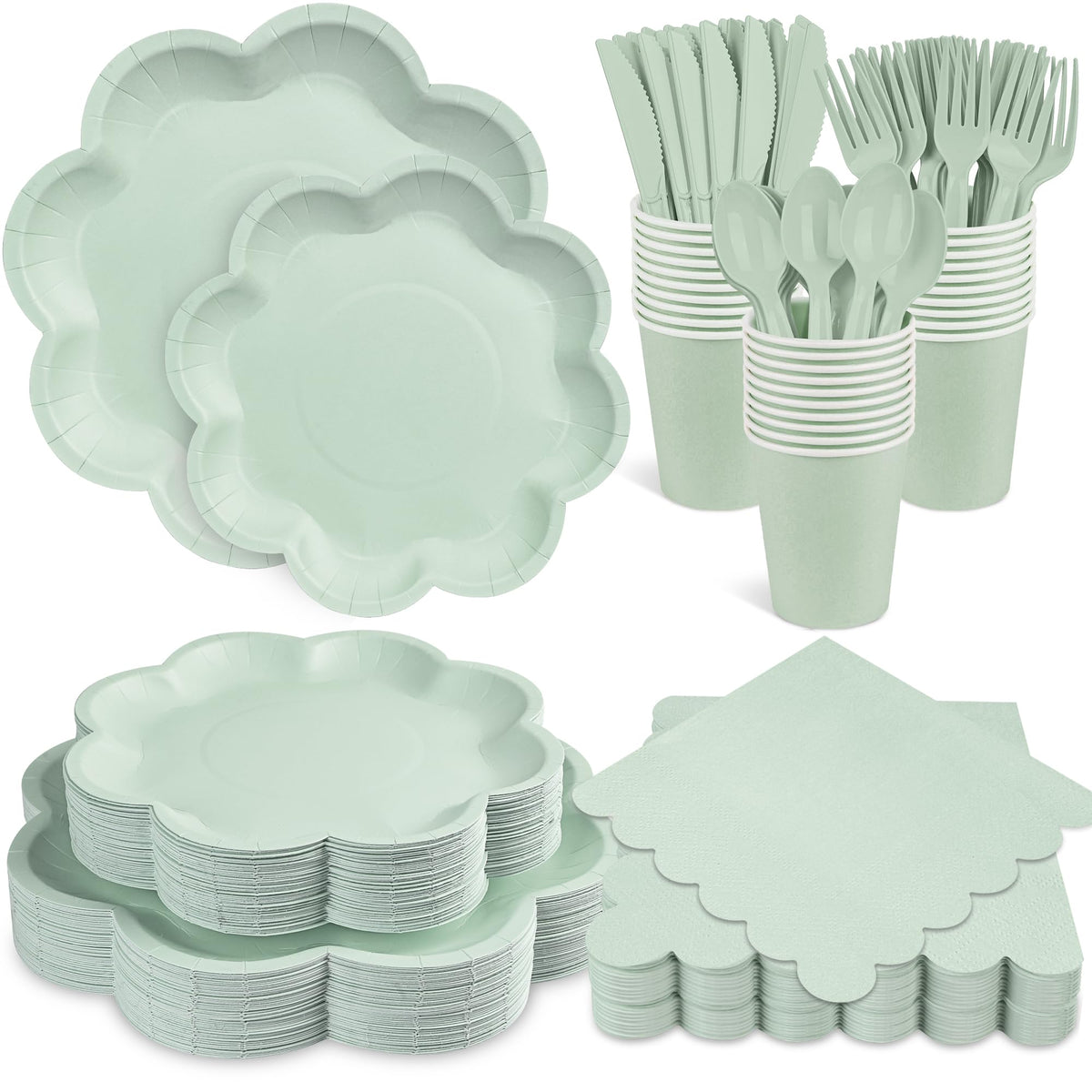 Houuqe sage green 10 inch dinner plate with scalloped edge, ideal for main courses.