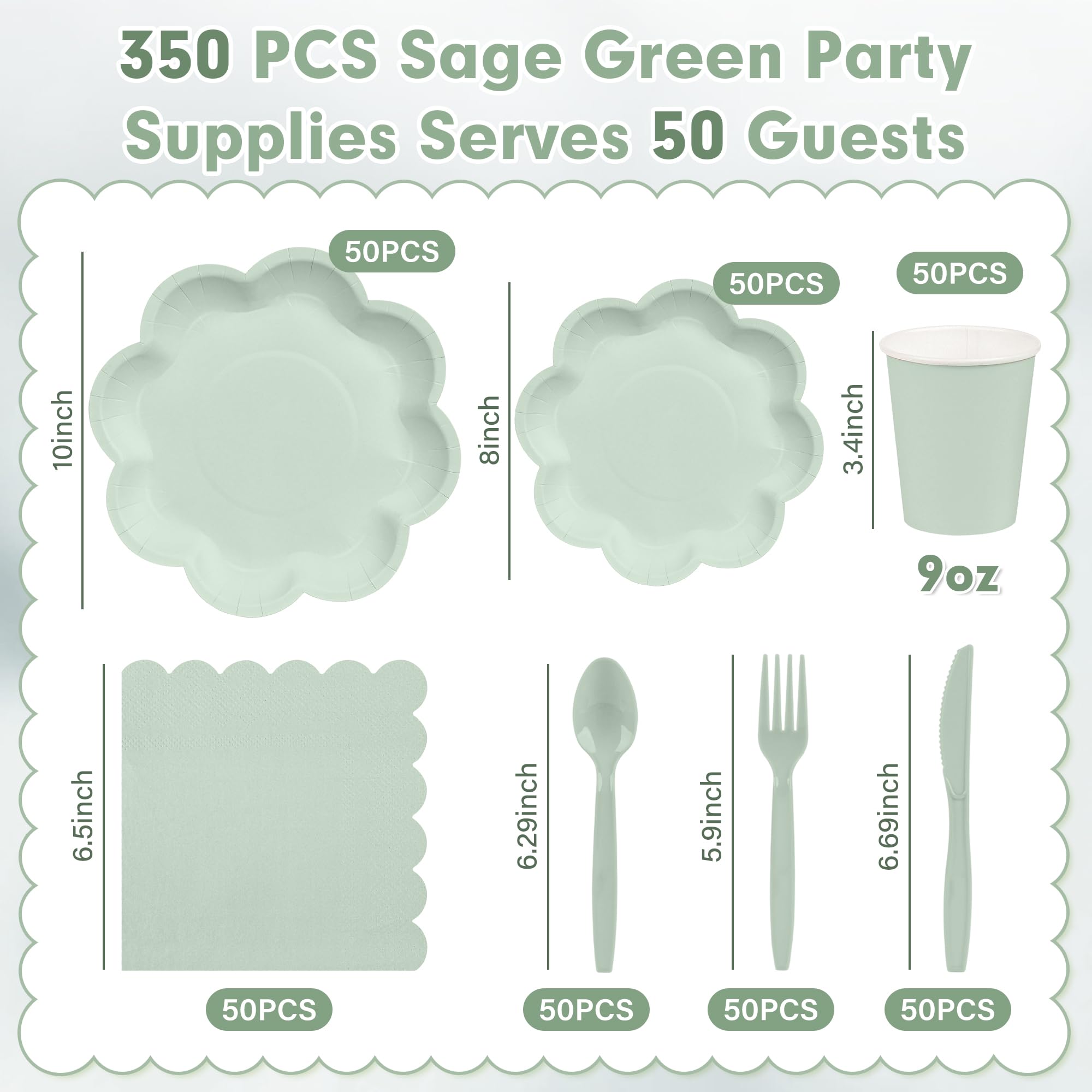 Houuqe sage green 8 inch dessert plate with scalloped rim, perfect for sweets.