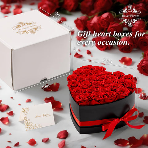 Hover Flower heart-shaped box featuring enduring roses for special occasions