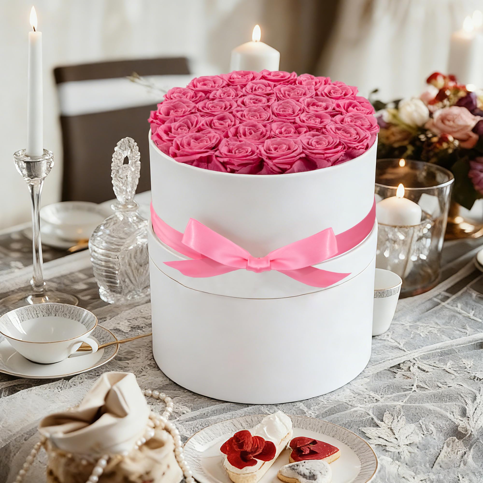 Gift box with ribbon ready to present Hover Flower roses.