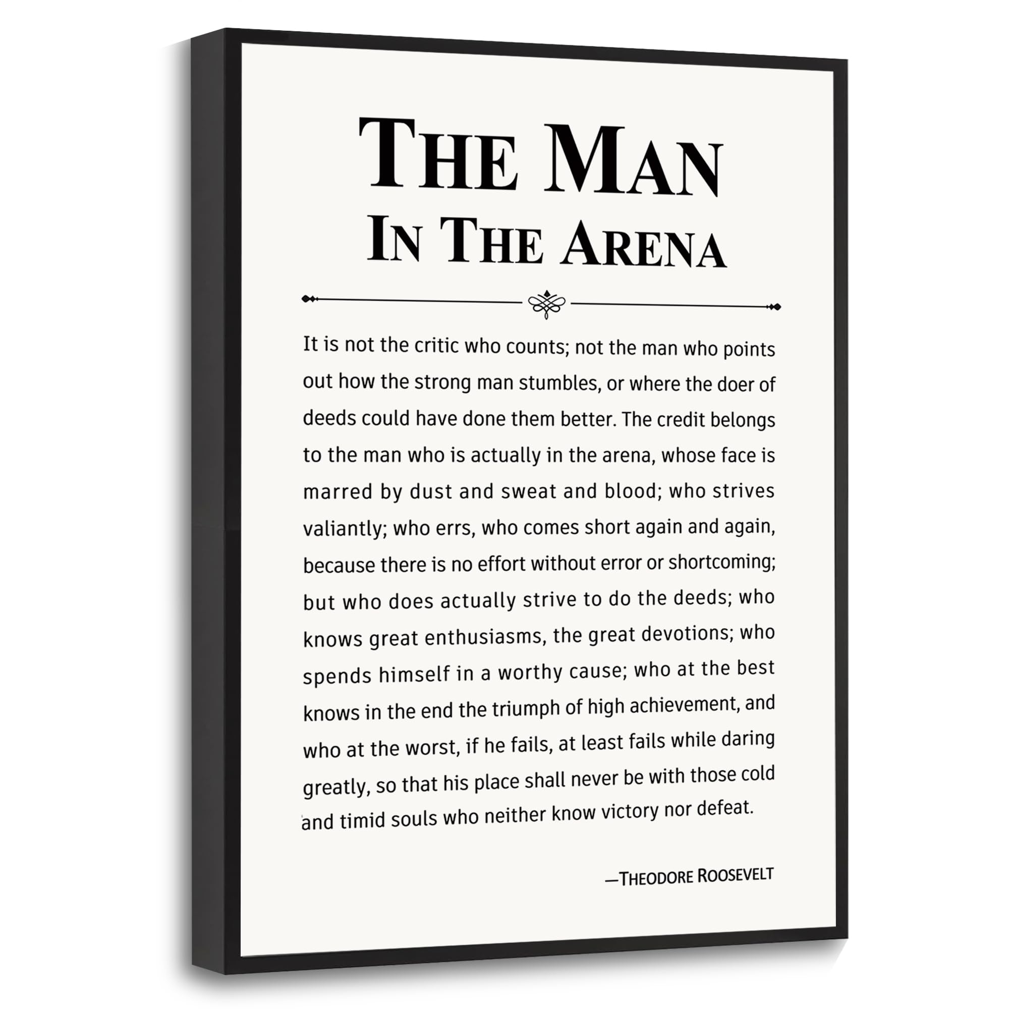 Howwii The Man in the Arena canvas print framed for an office motivation display.
