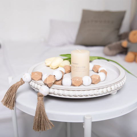 HPC Decor round tray with beaded accents adds farmhouse texture on a table