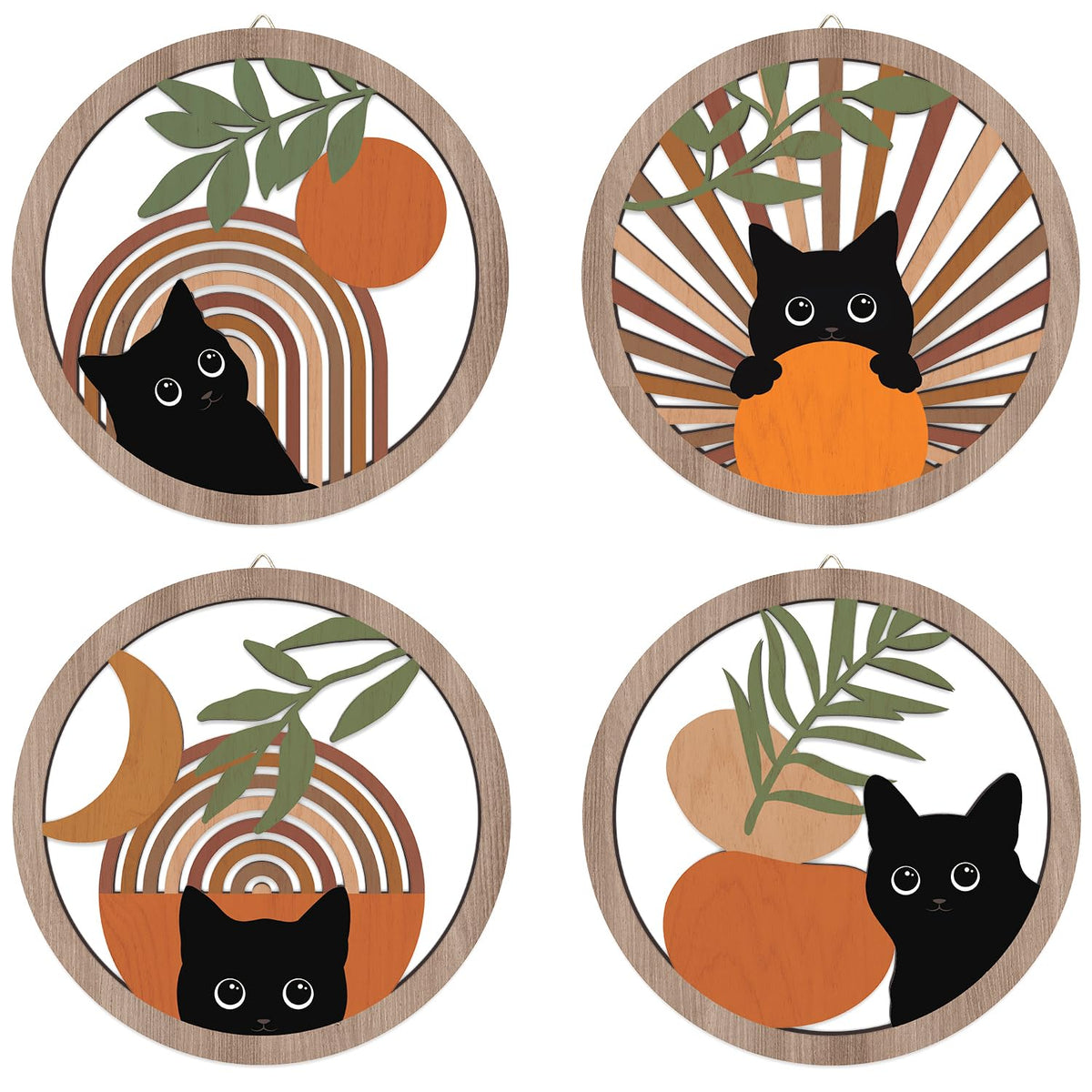 HPNIUB Boho Black Cat four-panel wall decor displayed together in a cozy living space