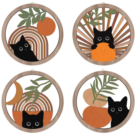 HPNIUB Boho Black Cat four-panel wall decor displayed together in a cozy living space