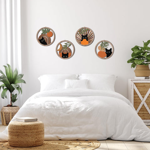 HPNIUB geometric sun and moon cat art on wood panels for focal wall