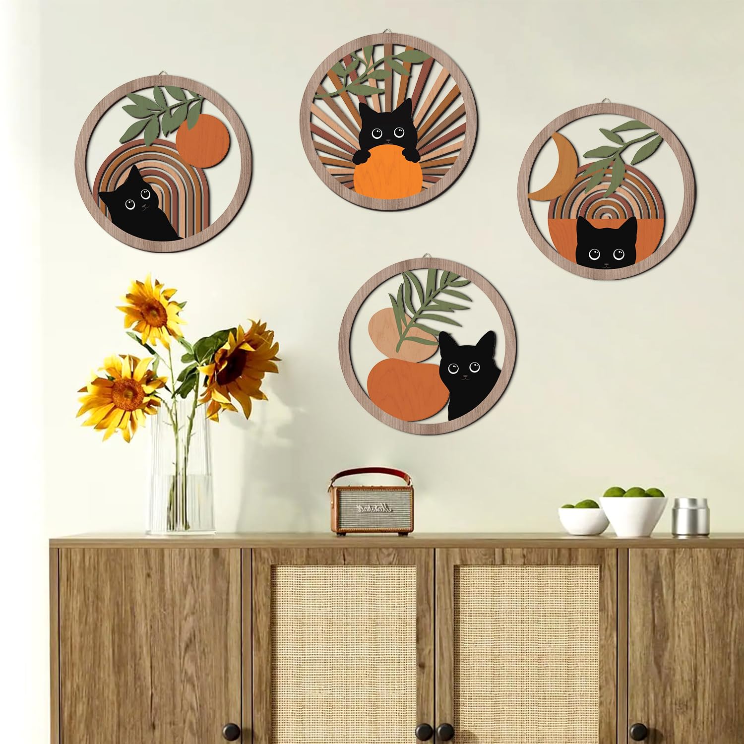 HPNIUB hollow carved cat art on wood panels for rustic texture