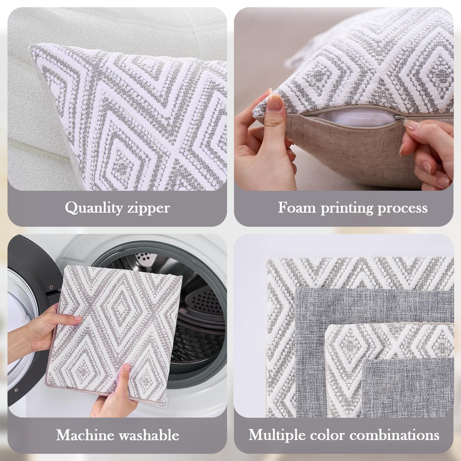 HPUK grey pillow cover styled in living room setup.