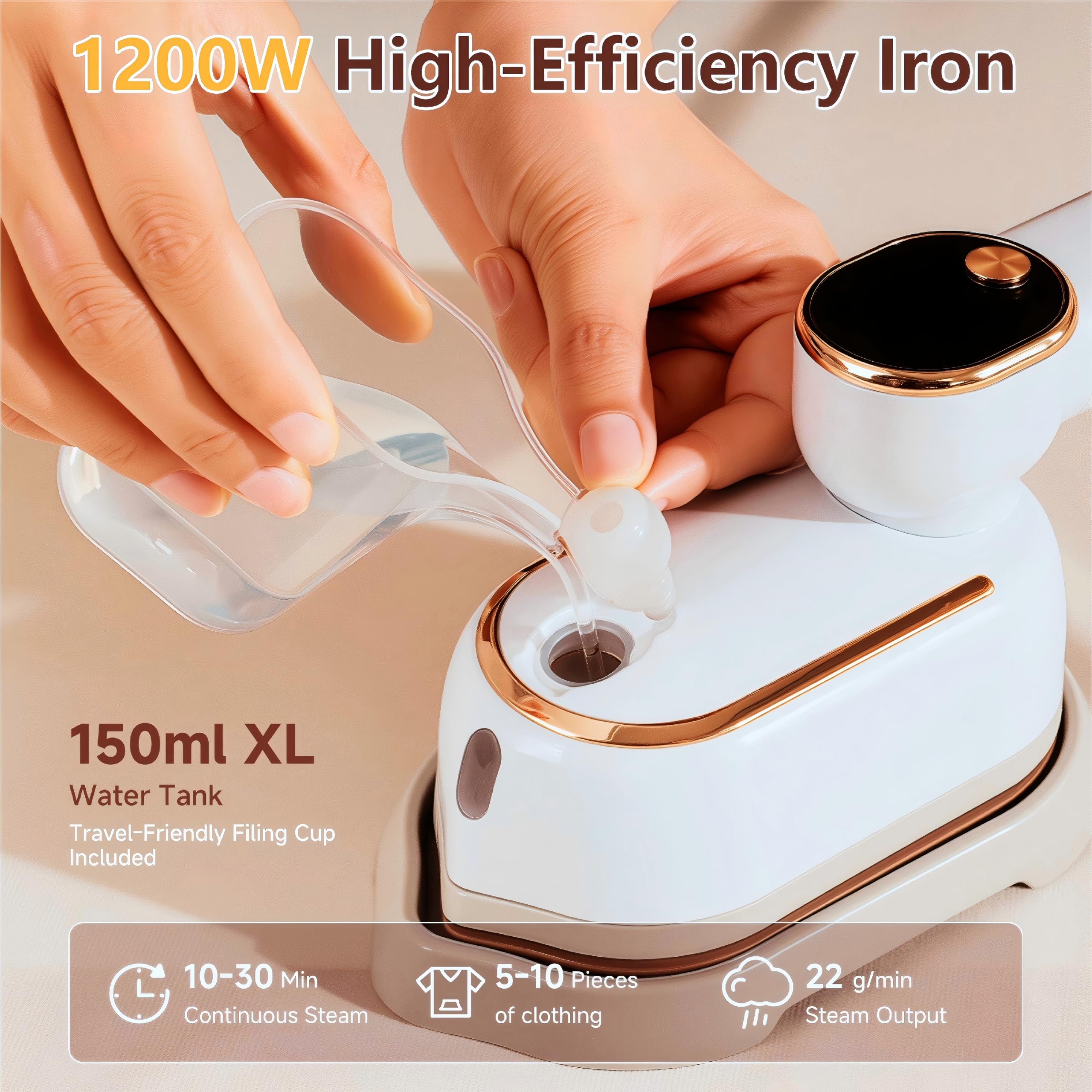 HRDZML Travel Steamer 150ml water tank offers up to 15 minutes of continuous steam.