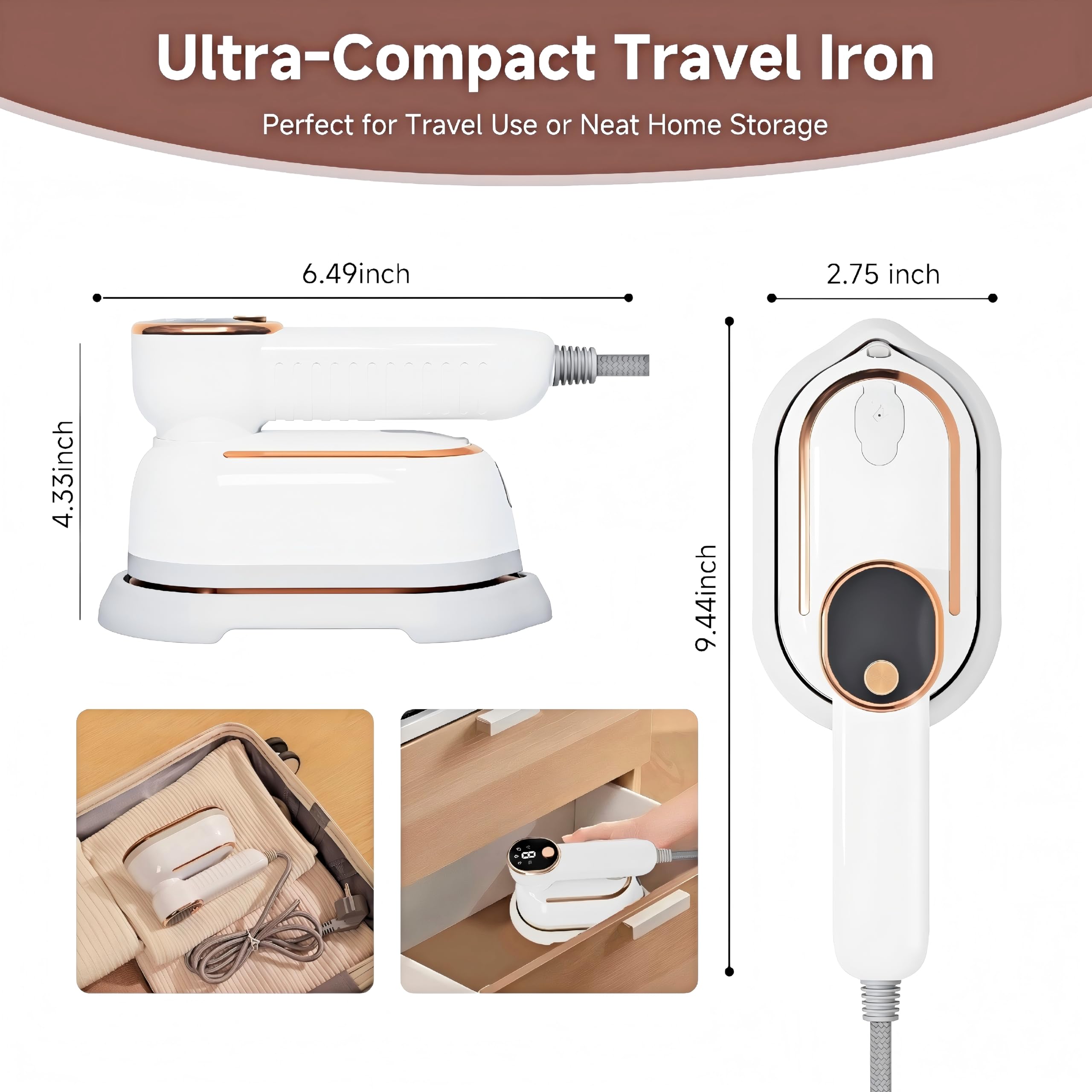 HRDZML Travel Steamer 180-degree handle enables versatile vertical or flat ironing.