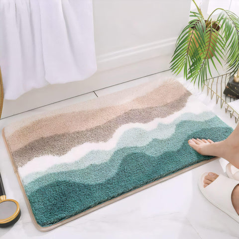 HRILO microfiber bathroom rug with absorbent pile for quick water pickup.