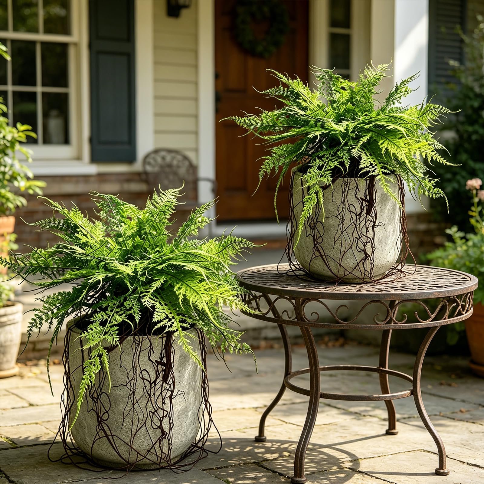Hrobek 2-pack artificial hanging fern plants for vibrant outdoor and indoor decor.