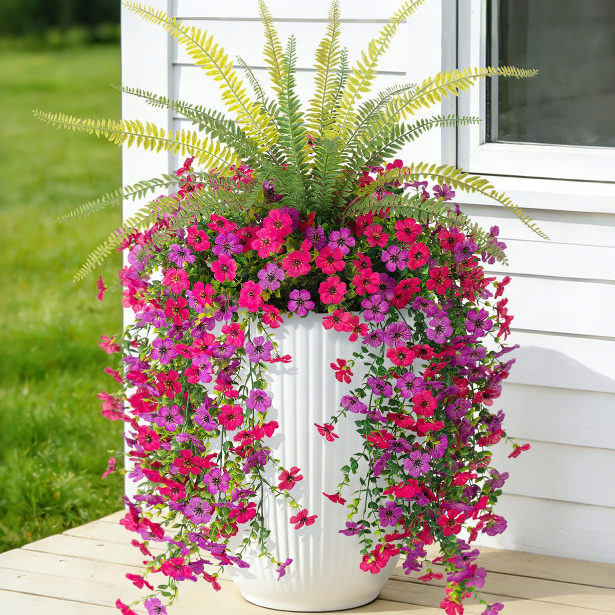 Hrobek artificial daisy and Boston fern hanging flowers brighten outdoor spaces without watering.