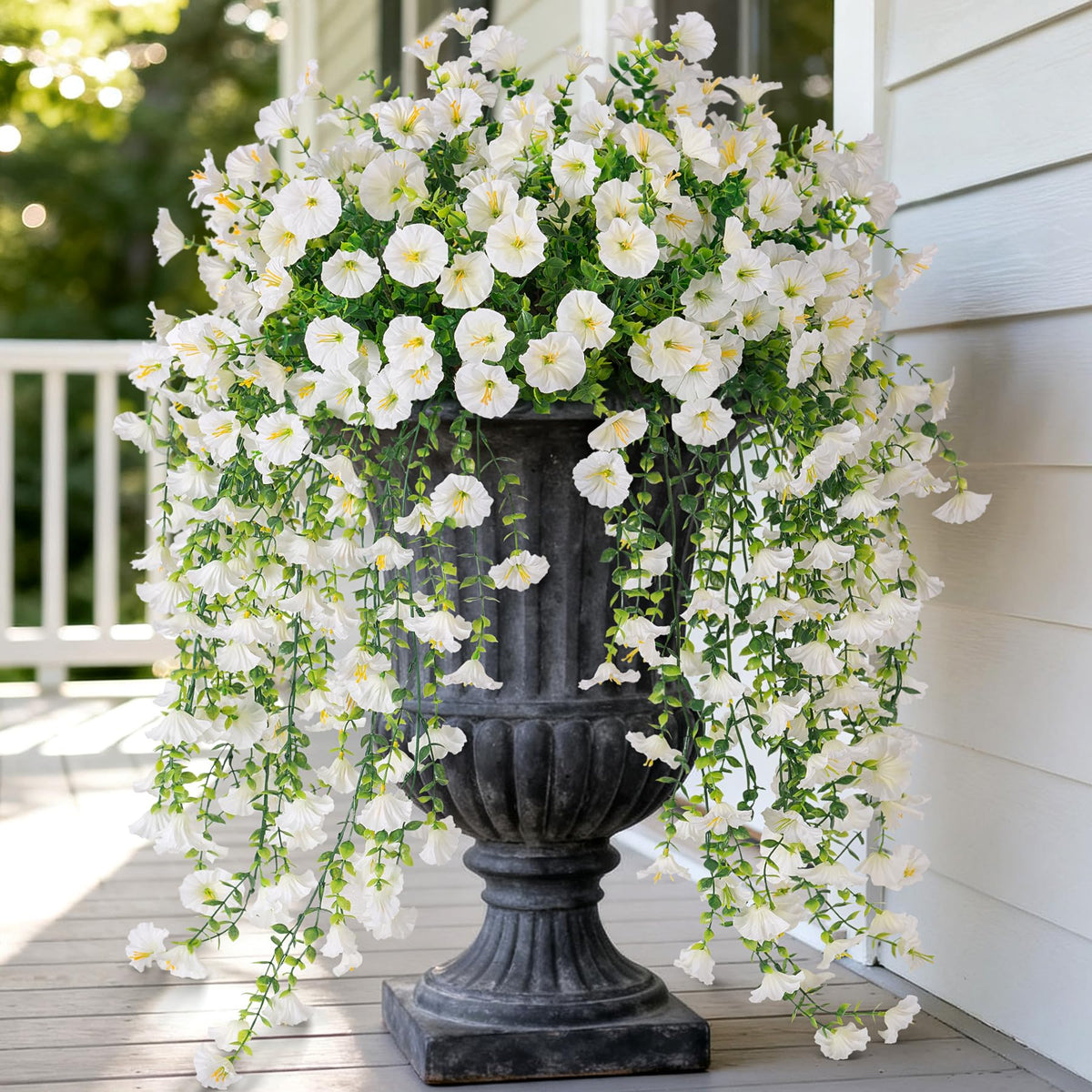 Hrobek artificial hanging petunias branch closeup—lifelike detail for indoor or outdoor decor.