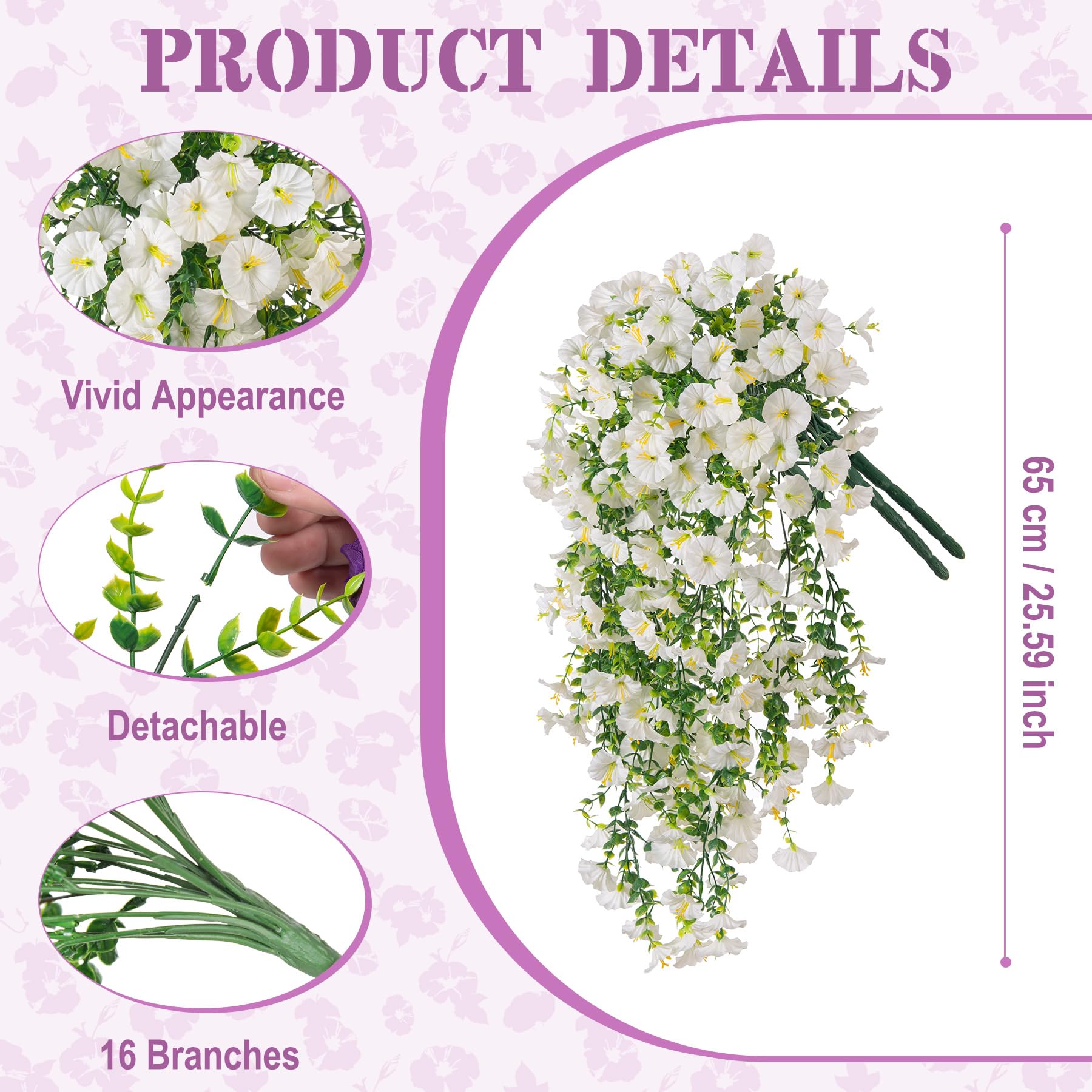 Hrobek artificial hanging petunias branch outdoor display with UV-safe colors.
