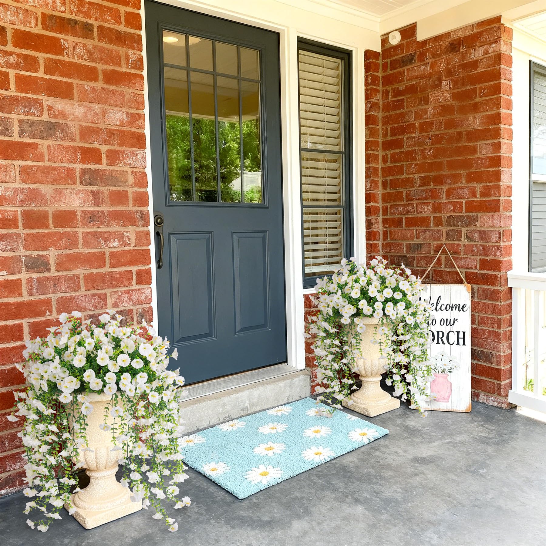 Hrobek hanging petunias in pot setup—simple vertical decorating for spaces.