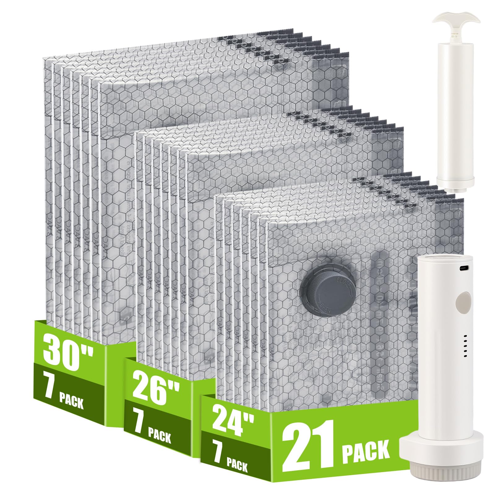 HRSDEIE travel vacuum bags 21 pack on display for space saving packing.
