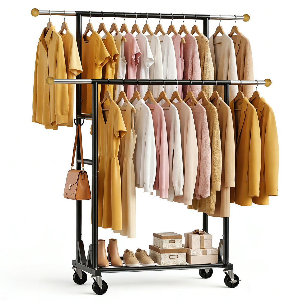 HRUSGO rolling garment rack with double rod keeps coats organized and wrinkle-free.