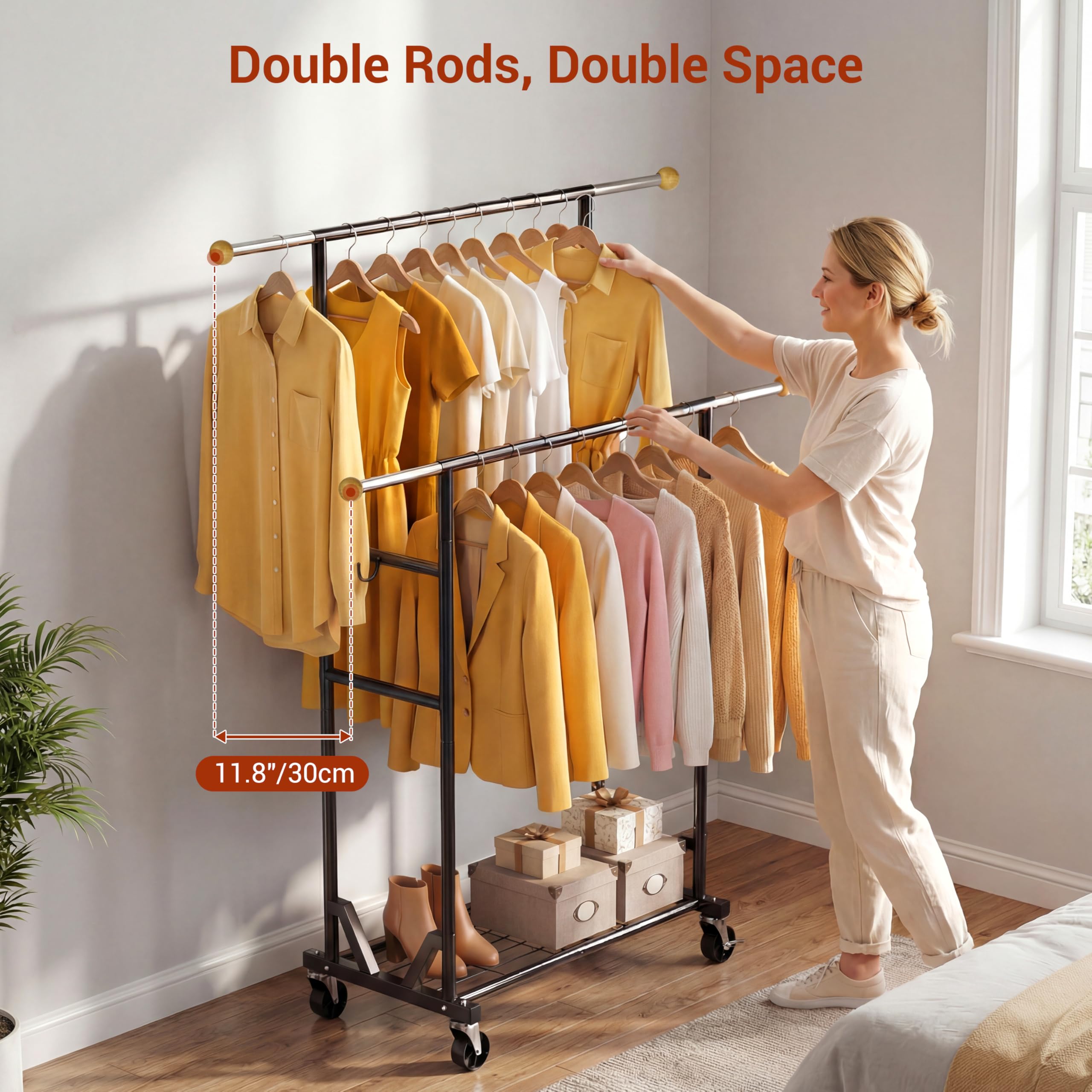 HRUSGO garment rack with lockable casters offers smooth, stable mobility.