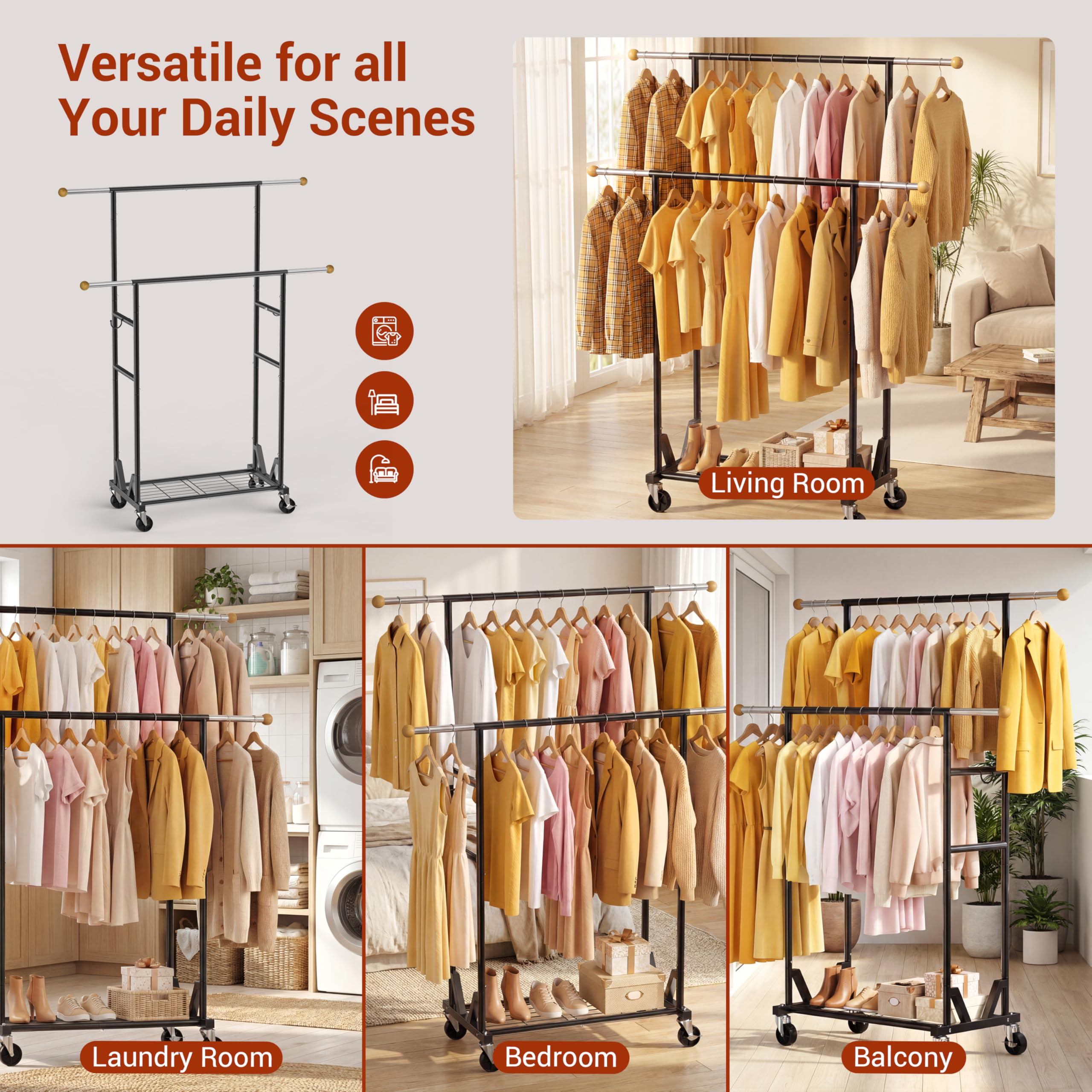HRUSGO rolling garment rack in sleek black finish fits modern interiors.