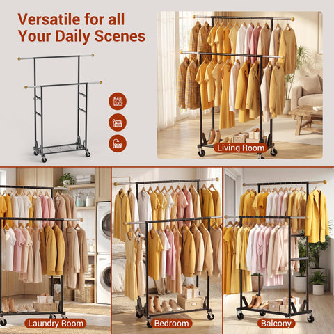 HRUSGO rolling garment rack in sleek black finish fits modern interiors.