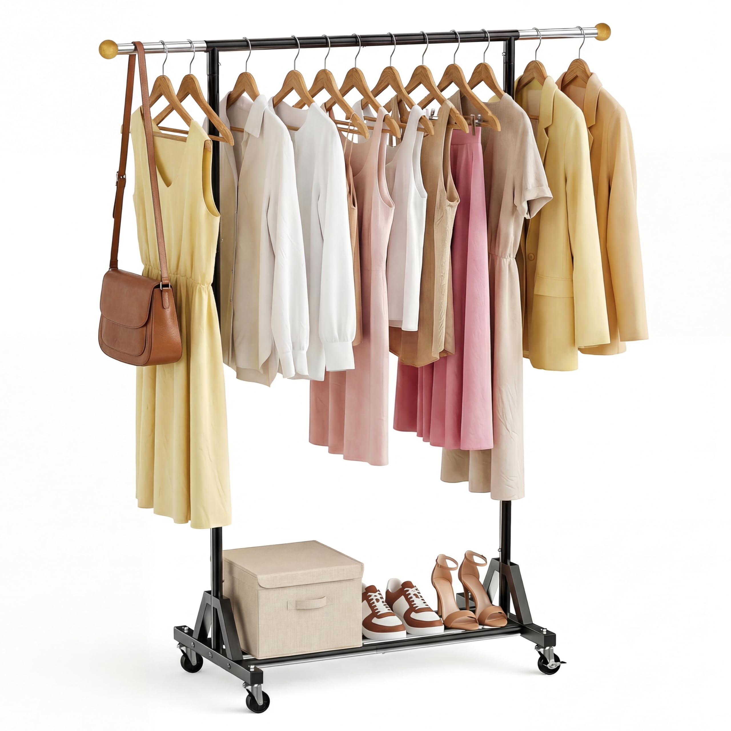 HRUSGO rolling garment rack with top rods extended for wider display