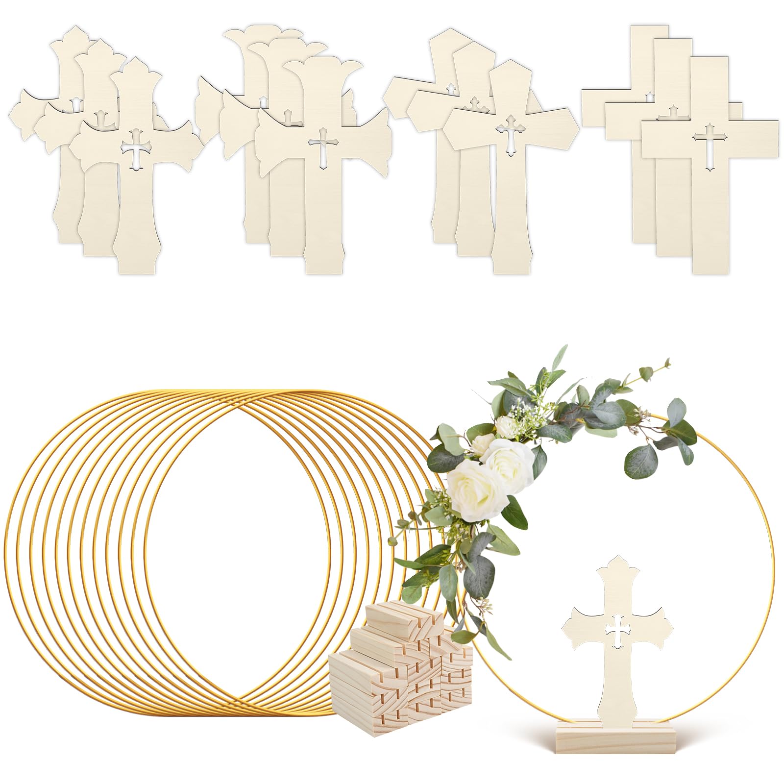 HSDSH baptism wood cross on stand, ideal for table centerpieces.