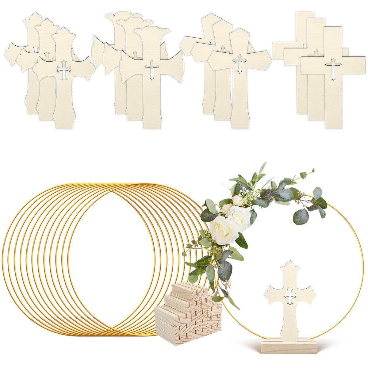 HSDSH baptism wood cross on stand, ideal for table centerpieces.