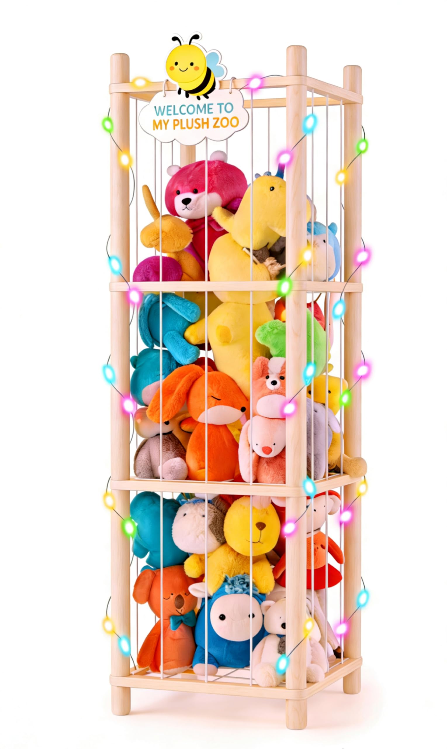 Hsenowi stuffed animal zoo organizer in natural pine for tidy plush storage.